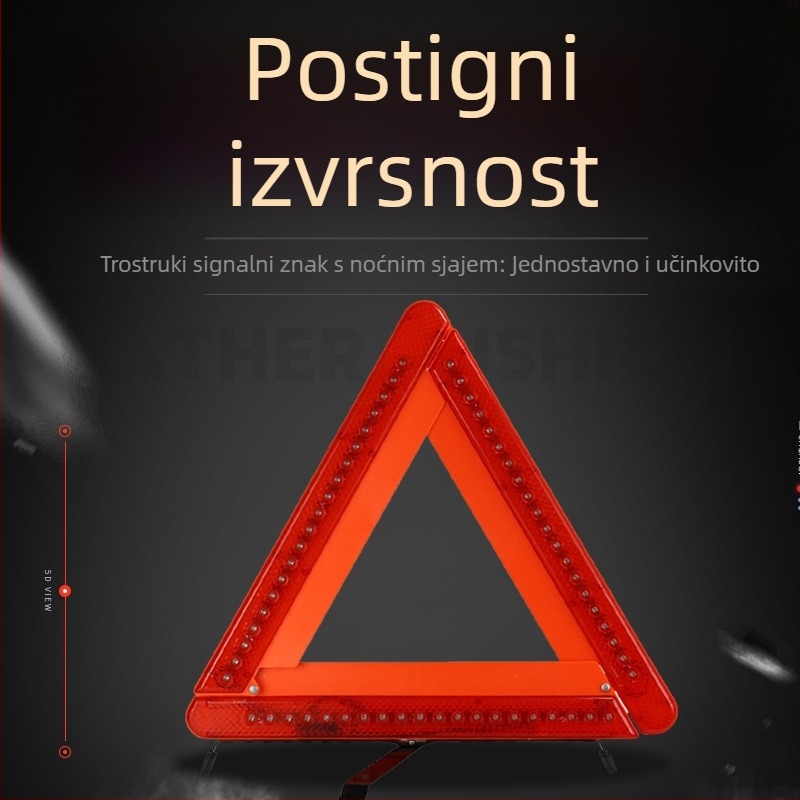 LED osvijetljeni trokutasti sigurnosni znak za vozilo, materijal: benzen + željezo, napajanje baterijama (3×5 baterija)