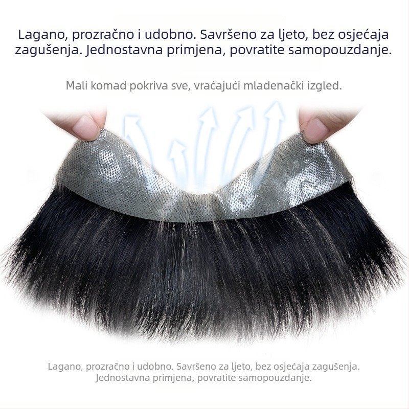 Muški dio perike za liniju čela, prava ljudska kosa, ravna, ručno tkan, može se bojiti i permati