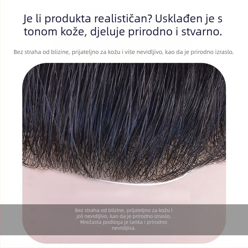 Muški dio perike za liniju čela, prava ljudska kosa, ravna, ručno tkan, može se bojiti i permati