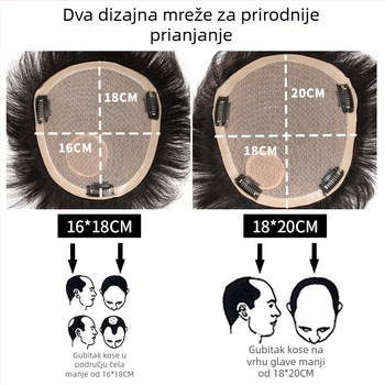 Mužka perika od pravih vlasi, panel za nadomještanje na vrhu glave, kratka ravna kosa, lagana i prozračna, može se bojiti i permati.