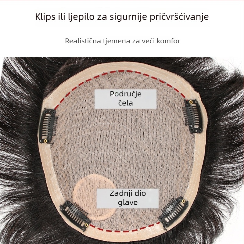 Mužka perika od pravih vlasi, panel za nadomještanje na vrhu glave, kratka ravna kosa, lagana i prozračna, može se bojiti i permati.