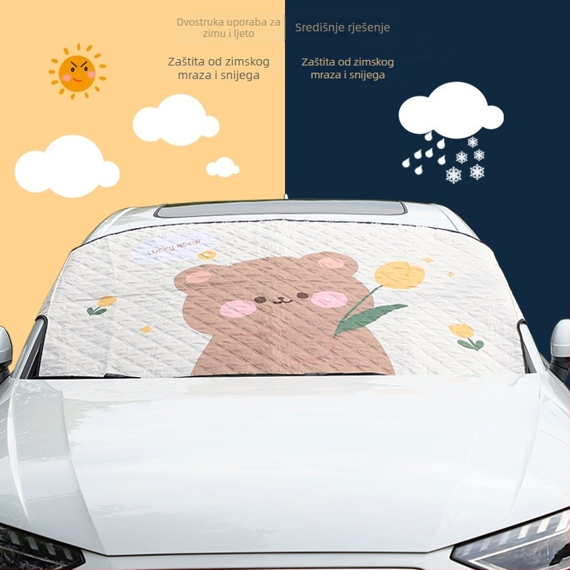 Crtani prednji snježni štit za automobil — magnetsko pričvršćivanje, aluminijska folija, 300 g, dizajn tulipanski zeko