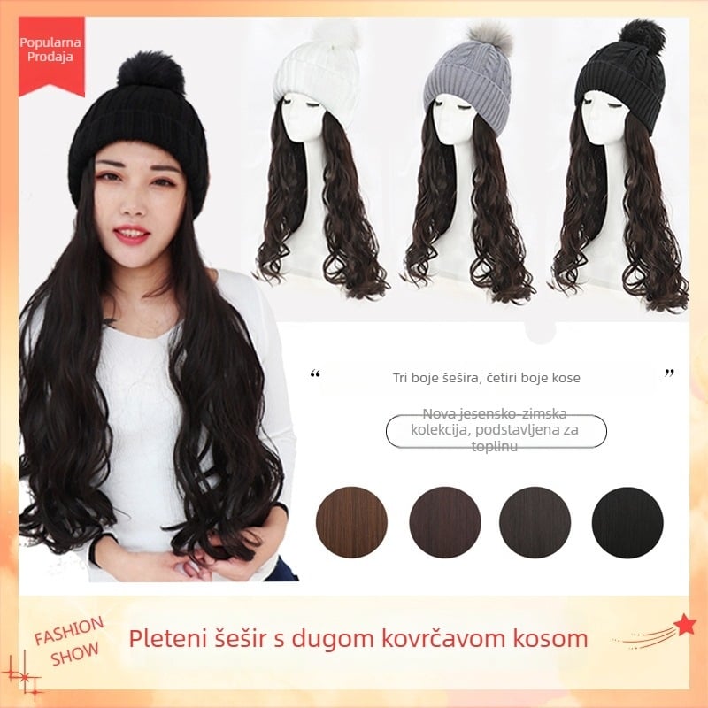 Paruka s dugim kovrčavim kosom i pliš kapom – jedinstveni komad, žica otporna na visoku temperaturu, dugi pramenovi (ravni ili bočni), jesen-zimski stil