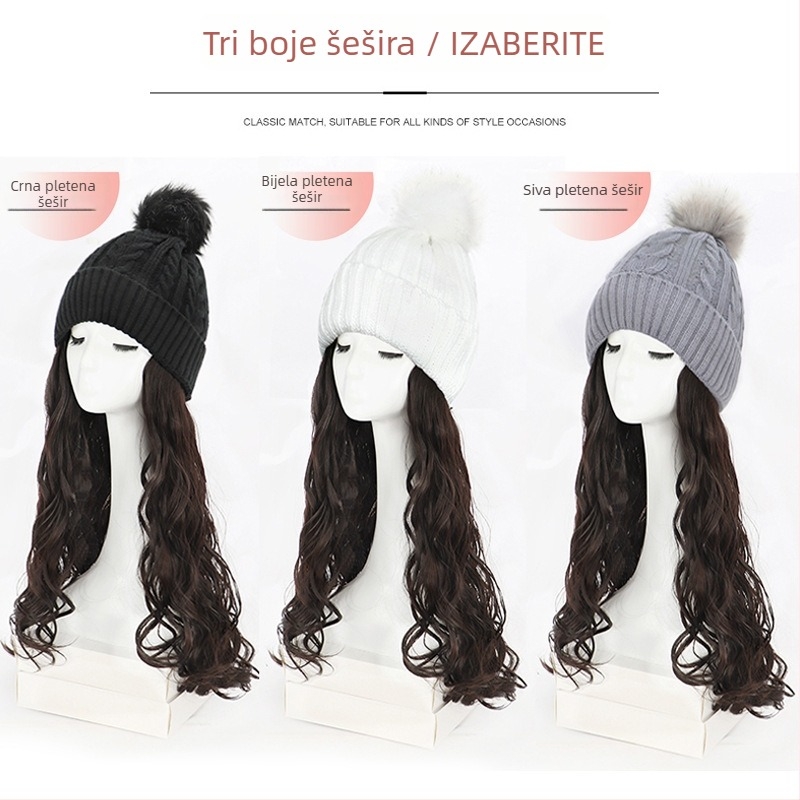 Paruka s dugim kovrčavim kosom i pliš kapom – jedinstveni komad, žica otporna na visoku temperaturu, dugi pramenovi (ravni ili bočni), jesen-zimski stil