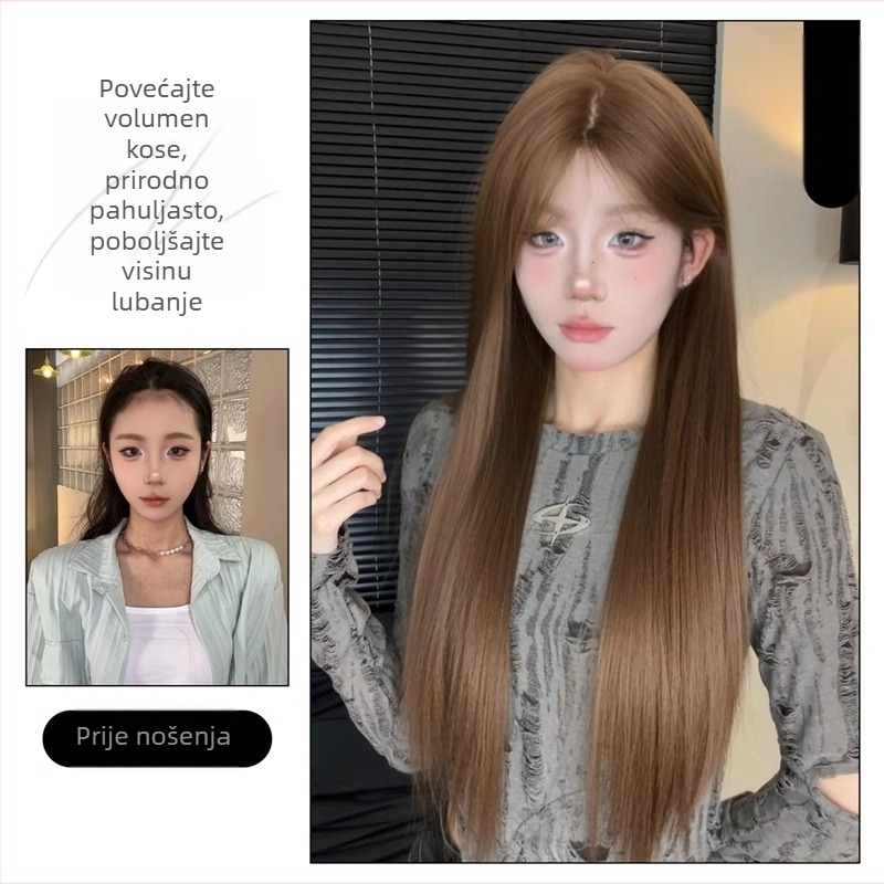 Perika Kenny wig: prirodni stil, dugačka ravna kosa sa šikim šiškama, kosa od visokotemperatnih vlakana, model: pokriva cijelu glavu, pogodno za žene