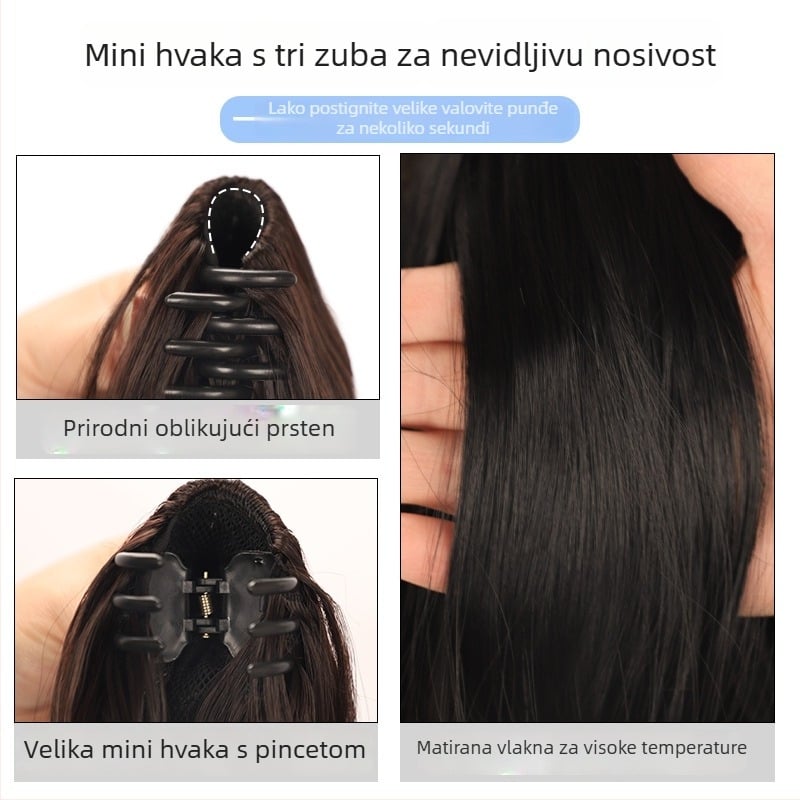 Perika s klipsom za rep, vanjski zakrivljeni korejski stil s mikro kovrčama, moderan i mladenački izgled; Materijal kose: termostabilno vlakno; Stil repa: snop kose; Model: Grab clip eversion; Obrada: mehanizam