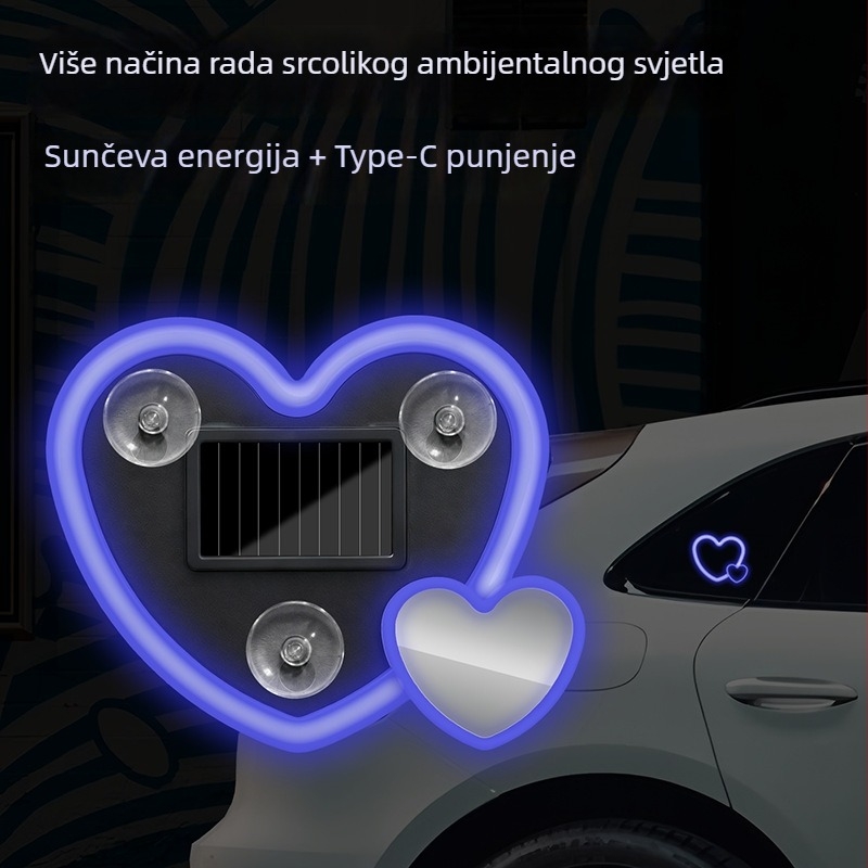 Unutarnje LED atmosferijsko svjetlo za auto u obliku srca – solarna energija, ABS, 5V, 0.1A, 0.5W. Model Solar Heart Atmosphere Light 01