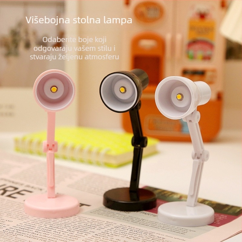 Mini stolna lampica s toplim svjetlom, lampica za čitanje u domu za studente, sklopiva noćna lampica, stolna dekoracija; plastičan abažur, gumbasti prekidač, ≤36V, ugrađena litijska baterija