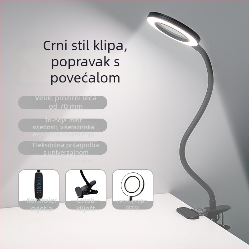 LED lampa za ljepotu bez sjene s povećalom – USB napajanje, stolna lampa za trepavice, nokte i tetovaže (Model SL825, metalno sjenilo, CRI ≥90)