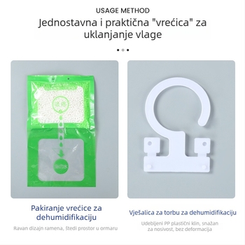 Desikant kalcijev klorid za sušenje prostorija — marka Qingrunjia; funkcija: sušenje i uklanjanje vlage; težina 100 g; namijenjeno za vješanje