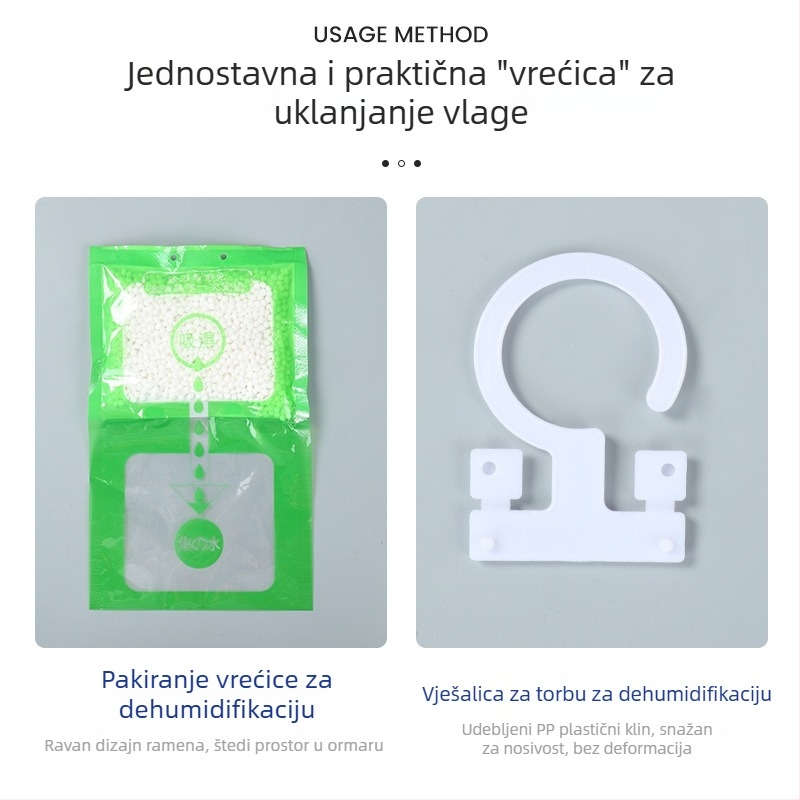 Desikant kalcijev klorid za sušenje prostorija — marka Qingrunjia; funkcija: sušenje i uklanjanje vlage; težina 100 g; namijenjeno za vješanje