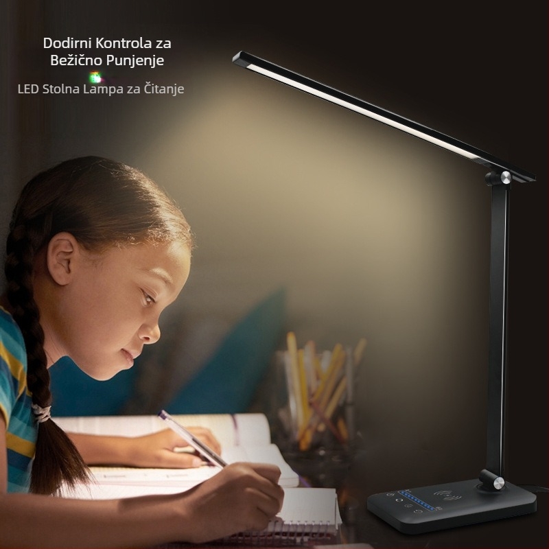 Stolna LED lampa za zaštitu očiju, bežično punjenje, dodirni upravljač, USB napajanje, aluminijsko sjenilo