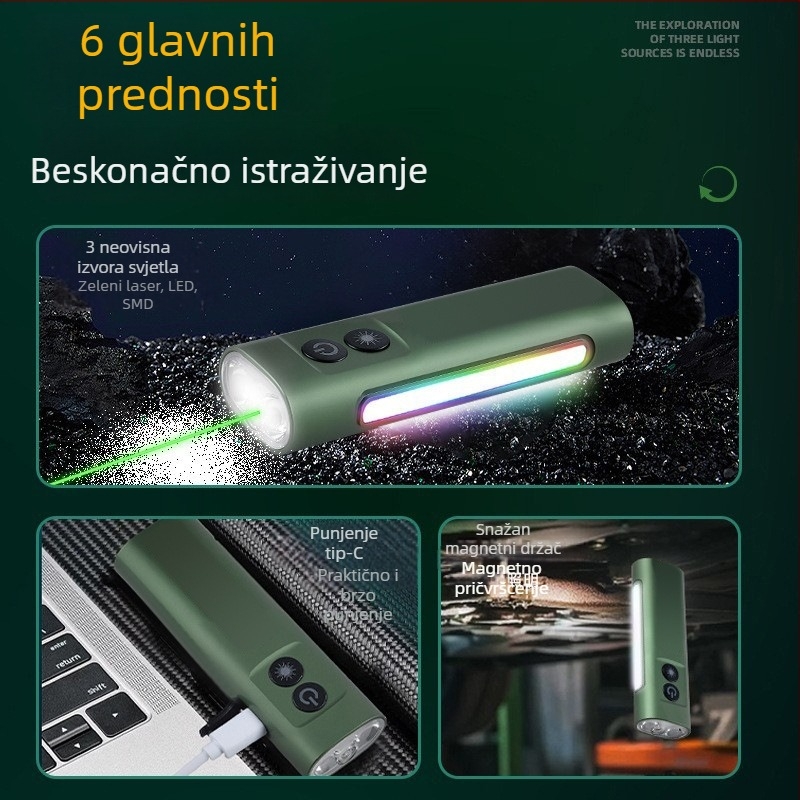 LED svjetiljka od aluminijske legure, 5W, punjiva baterija 1000mAh, ručno pokretanje, uz privjesak za ključeve, domet preko 500 m