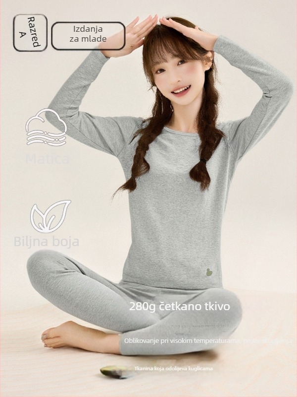 Ženski dječji topli kućni set za djevojčice, 95% pamuk 5% elastan, 280 g vuna-stretch pamuk, četkano mekano, debelo, okrugli vrat, jesen-zima, za djecu 8+ godina