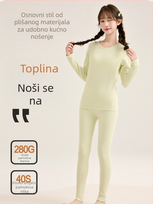 Ženski dječji topli kućni set za djevojčice, 95% pamuk 5% elastan, 280 g vuna-stretch pamuk, četkano mekano, debelo, okrugli vrat, jesen-zima, za djecu 8+ godina