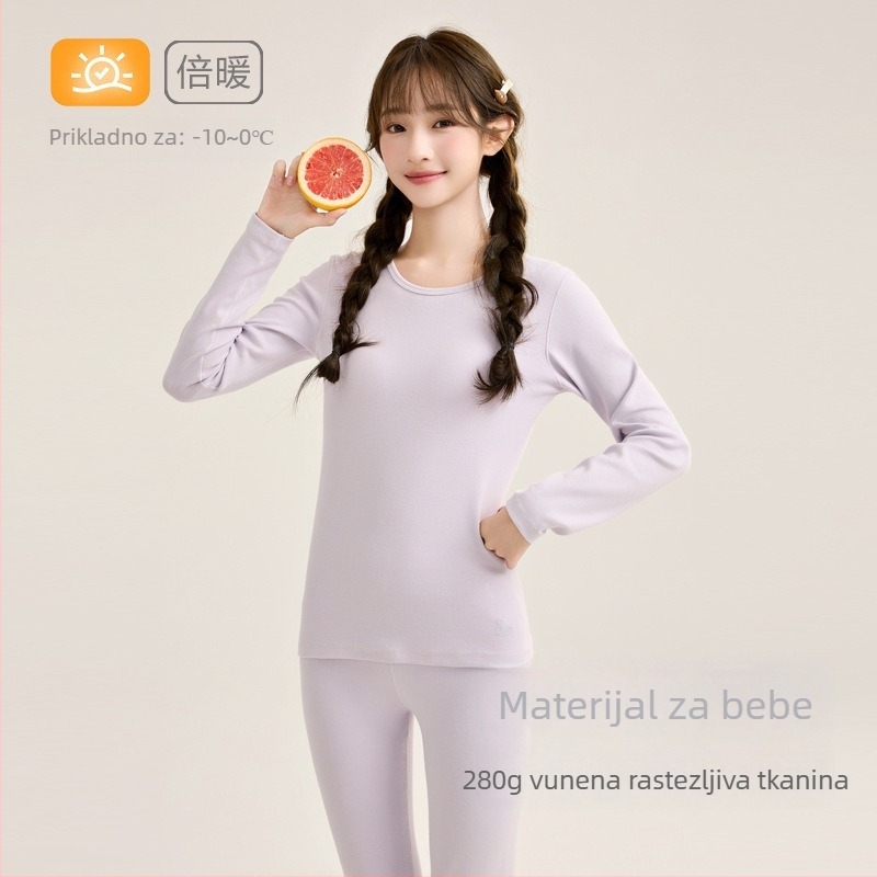 Ženski dječji topli kućni set za djevojčice, 95% pamuk 5% elastan, 280 g vuna-stretch pamuk, četkano mekano, debelo, okrugli vrat, jesen-zima, za djecu 8+ godina