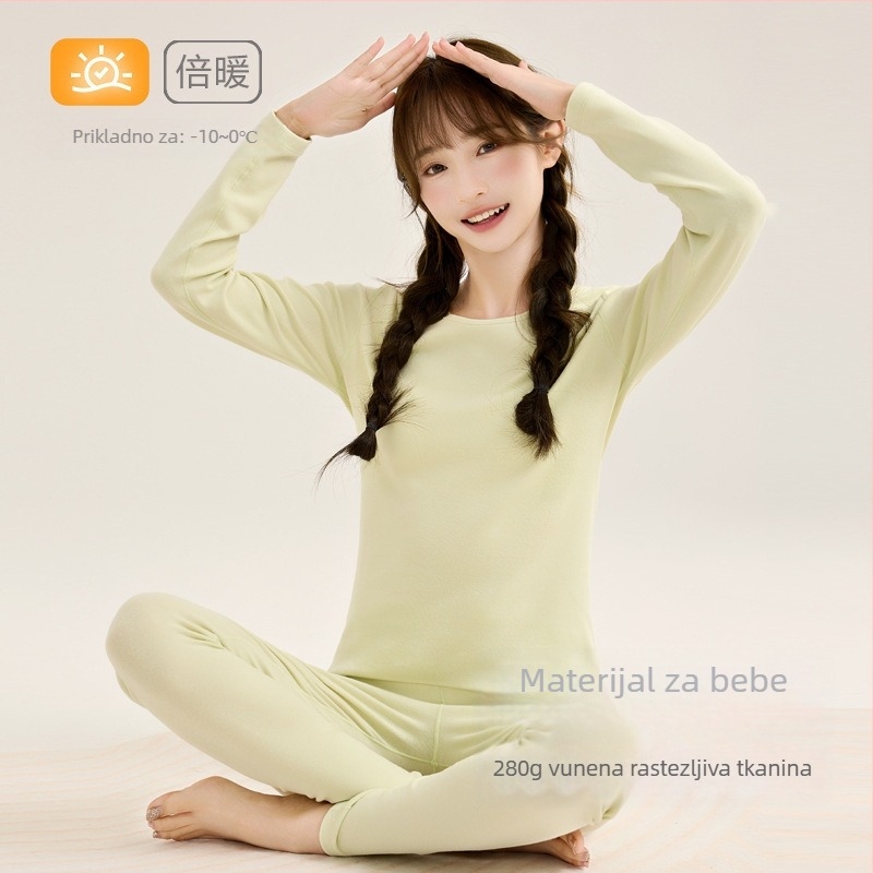 Ženski dječji topli kućni set za djevojčice, 95% pamuk 5% elastan, 280 g vuna-stretch pamuk, četkano mekano, debelo, okrugli vrat, jesen-zima, za djecu 8+ godina