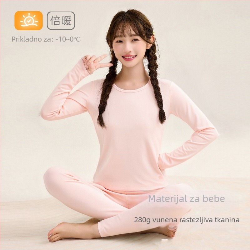 Ženski dječji topli kućni set za djevojčice, 95% pamuk 5% elastan, 280 g vuna-stretch pamuk, četkano mekano, debelo, okrugli vrat, jesen-zima, za djecu 8+ godina