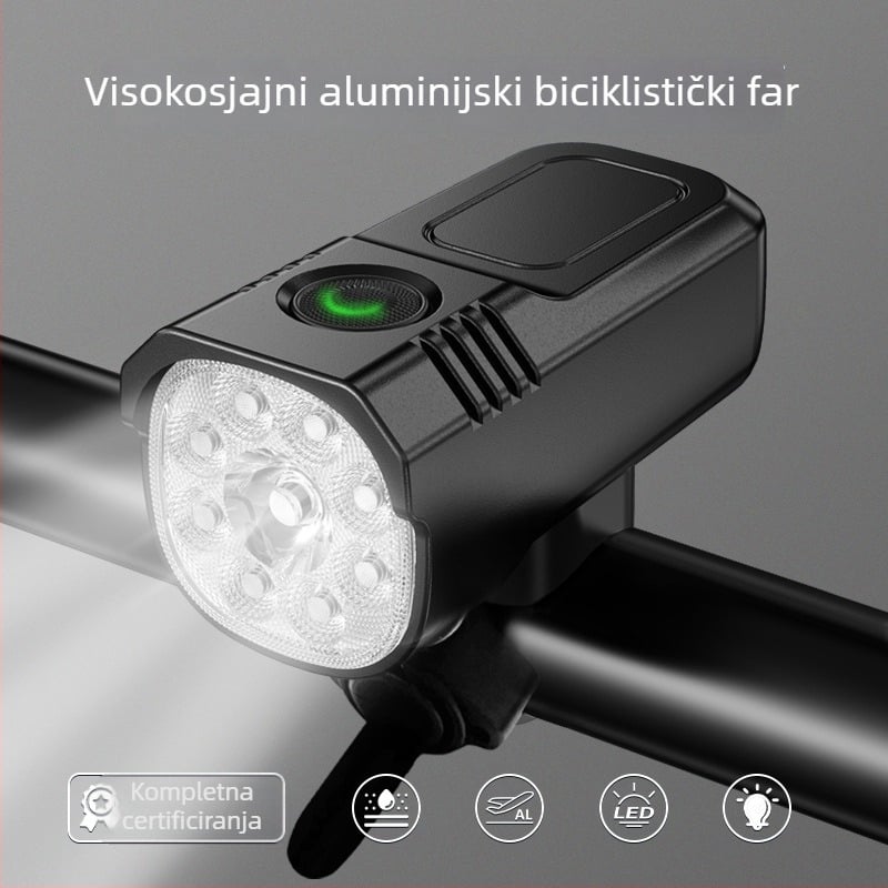 Prednje svjetlo od aluminijske legure, punjivo – za cestovne i planinske bicikle, visoka svjetlosna snaga, dvobojni način, dug vijek trajanja