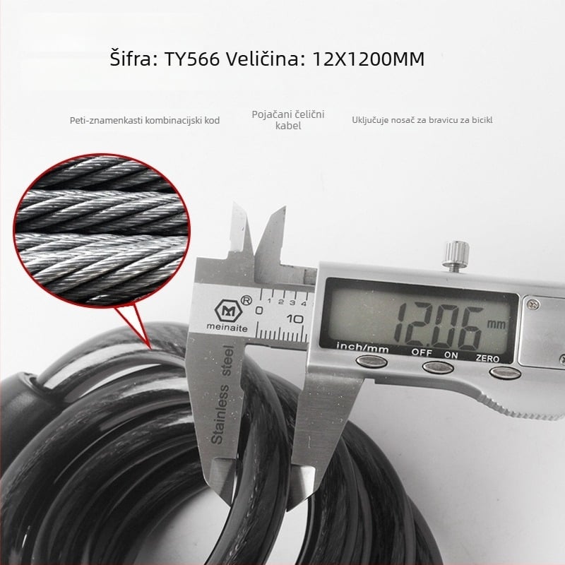 Kombinacijski katanc za bicikl TY566, čelični kabel, težina 410