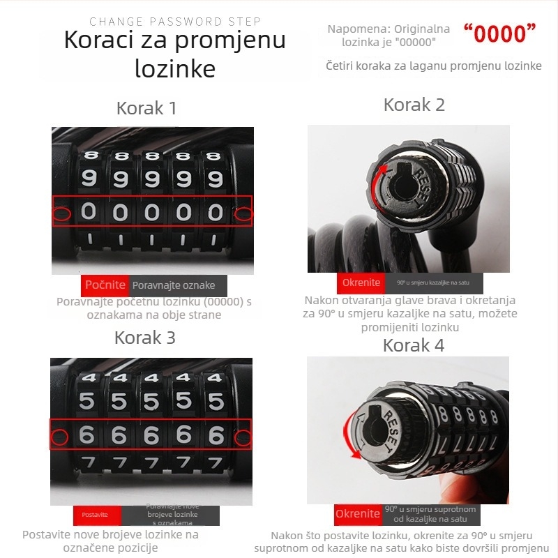 Kombinacijski katanc za bicikl TY566, čelični kabel, težina 410