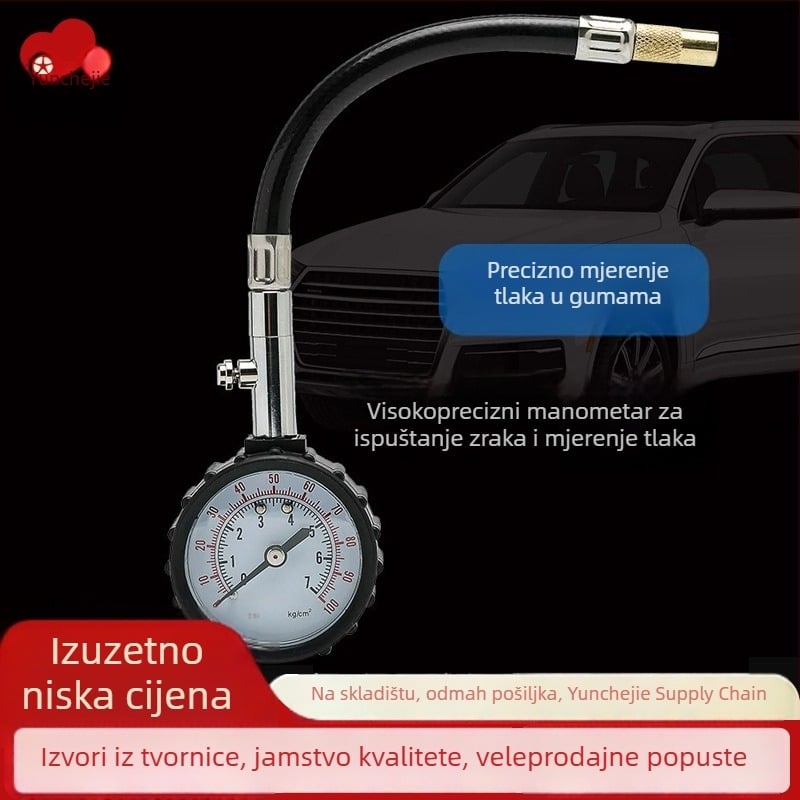 Mehanički mjerač tlaka za automobile s dugim crijevom i mogućnošću deflacije, nehrđajući čelik, 0-500 psi