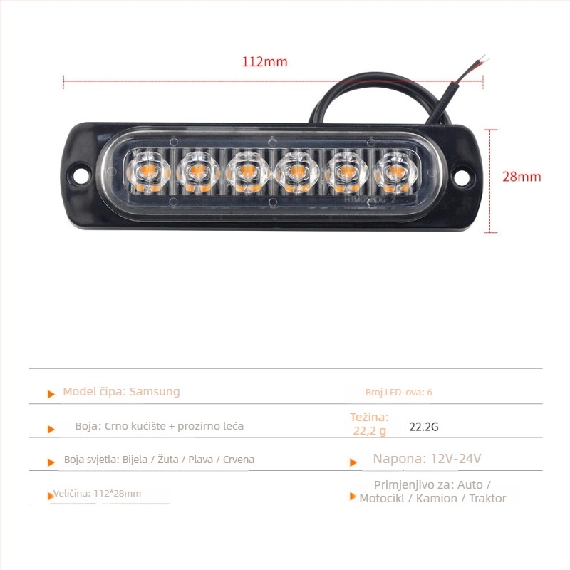 Automobilska LED6 ultratanka bočna upozoravajuća svjetiljka, 12-24V, 12W, LED 2835, model Bd-6led, vijek trajanja 5000h