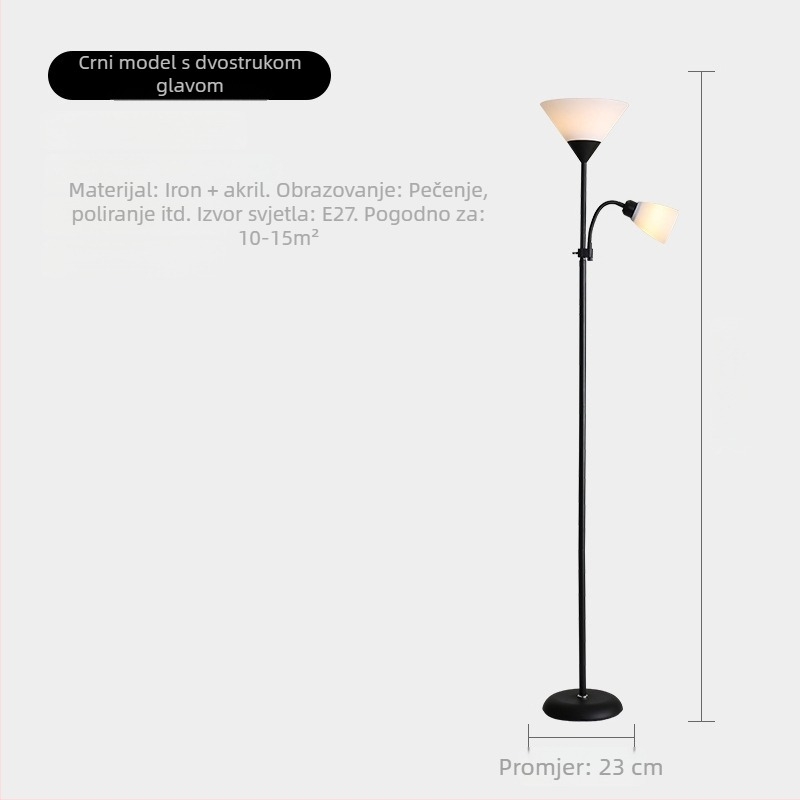 LED podna svjetiljka, fiksna visina, PVC sjenilo, tijelo od željeza i drveta u stilu Iron Wood Art, pokrivenost 15–30 m²