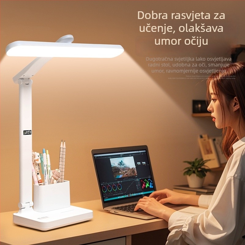 LED stolna lampa s punim spektromom, držač za olovke, zaštita očiju, sat – za učenje, studentski dom, čitanje, noćni stol