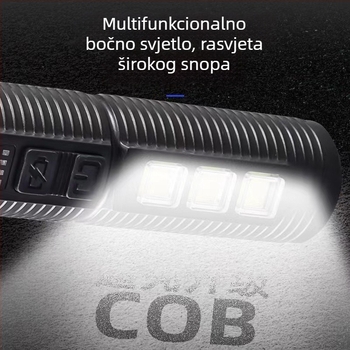 TANJE višefunkcijski čekić za bijeg s probojem stakla, COB svjetlo + 3W LED, punjiva radna lampa i hitna svjetiljka, 360° rotacija, 800 mAh baterija, domet 200–500 m