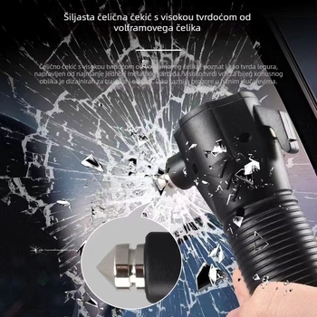 TANJE višefunkcijski čekić za bijeg s probojem stakla, COB svjetlo + 3W LED, punjiva radna lampa i hitna svjetiljka, 360° rotacija, 800 mAh baterija, domet 200–500 m