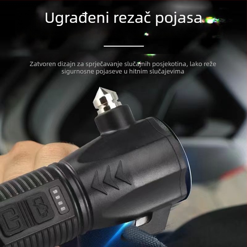 TANJE višefunkcijski čekić za bijeg s probojem stakla, COB svjetlo + 3W LED, punjiva radna lampa i hitna svjetiljka, 360° rotacija, 800 mAh baterija, domet 200–500 m