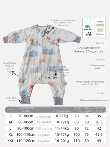 Spavaća vreća za bebe i djecu, četiri sloja bambus-pamučne gaze (70/30) s podstavom, karikatura uzorak, proljeće i jesen, upija vlagu