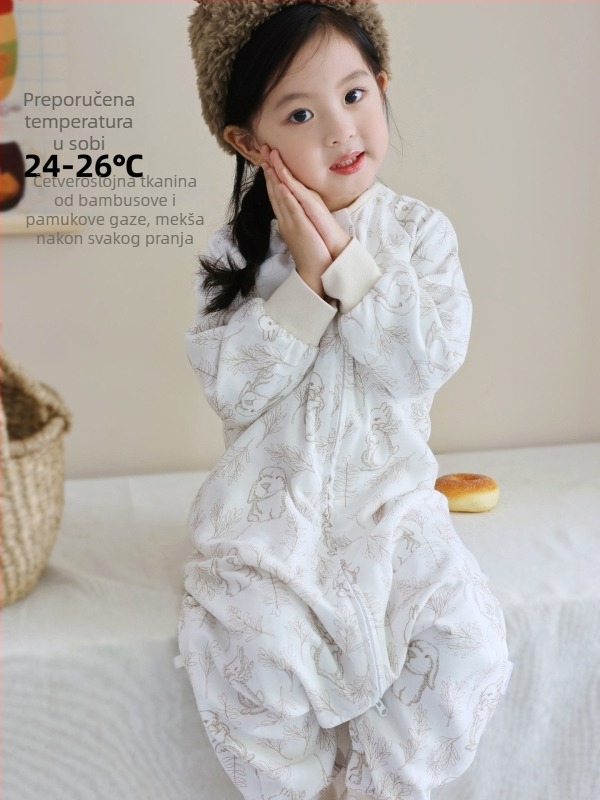 Spavaća vreća za bebe i djecu, četiri sloja bambus-pamučne gaze (70/30) s podstavom, karikatura uzorak, proljeće i jesen, upija vlagu