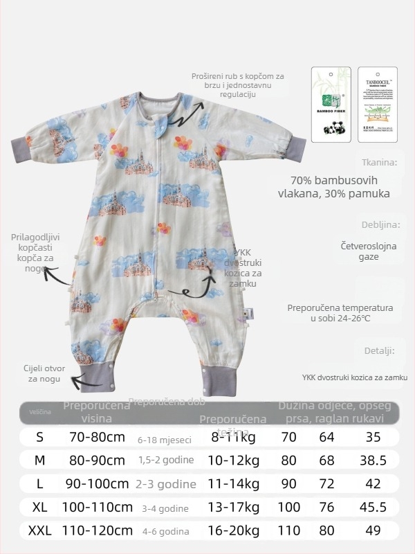 Spavaća vreća za bebe i djecu, četiri sloja bambus-pamučne gaze (70/30) s podstavom, karikatura uzorak, proljeće i jesen, upija vlagu