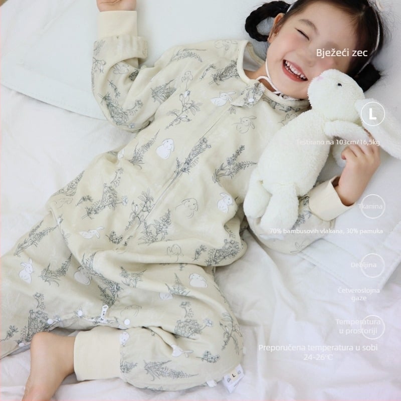 Spavaća vreća za bebe i djecu, četiri sloja bambus-pamučne gaze (70/30) s podstavom, karikatura uzorak, proljeće i jesen, upija vlagu