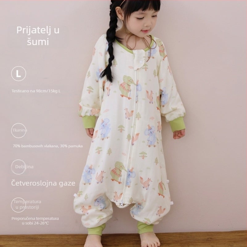 Spavaća vreća za bebe i djecu, četiri sloja bambus-pamučne gaze (70/30) s podstavom, karikatura uzorak, proljeće i jesen, upija vlagu