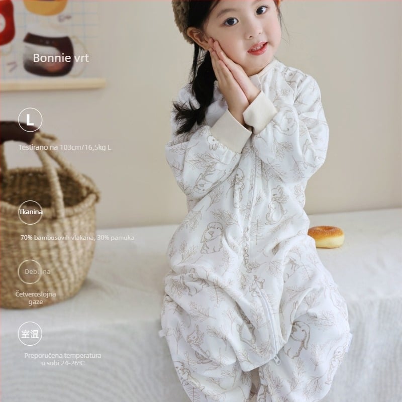Spavaća vreća za bebe i djecu, četiri sloja bambus-pamučne gaze (70/30) s podstavom, karikatura uzorak, proljeće i jesen, upija vlagu