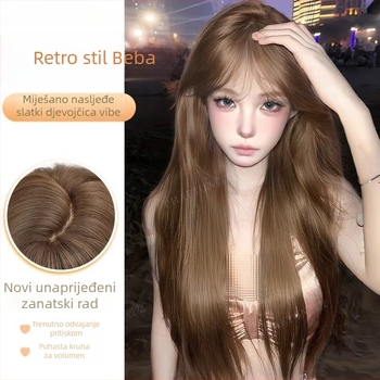 Peruka: duga ravna perika s ravnim šiškama, prirodan izgled, kosa od visokotemperaturne svile, nije za bojanje