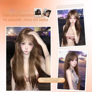 Peruka: duga ravna perika s ravnim šiškama, prirodan izgled, kosa od visokotemperaturne svile, nije za bojanje