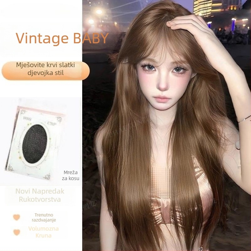 Peruka: duga ravna perika s ravnim šiškama, prirodan izgled, kosa od visokotemperaturne svile, nije za bojanje