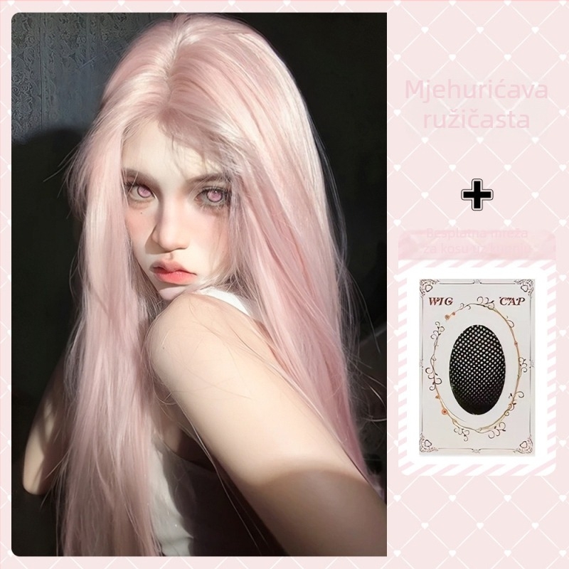 Duga ravna perika s kosim šiškama, puna kapica, vlakna otporna na visoke temperature