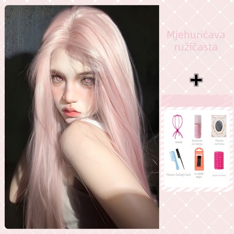 Duga ravna perika s kosim šiškama, puna kapica, vlakna otporna na visoke temperature