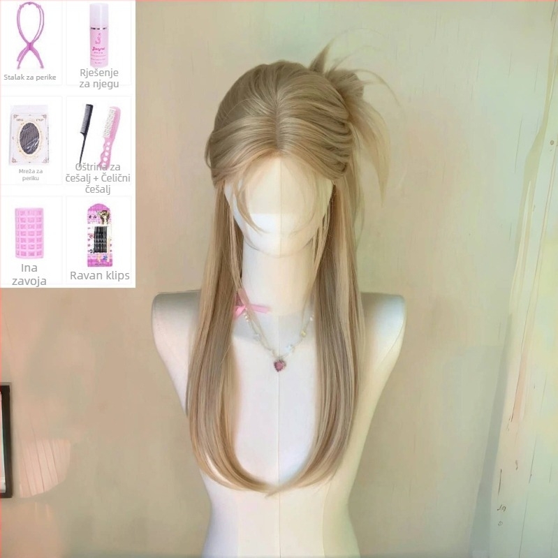 Perika prirodnog stila, duga kosa ravno s kosim šiškama, vlakna otporna na visoke temperature, potpuno pokrivanje glave za žene