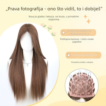 Perika za žene - duga ravna kosa, vlakna visoke temperature, potpuno prekrivanje glave, prirodan stil, šiška s srednjim razdjelom