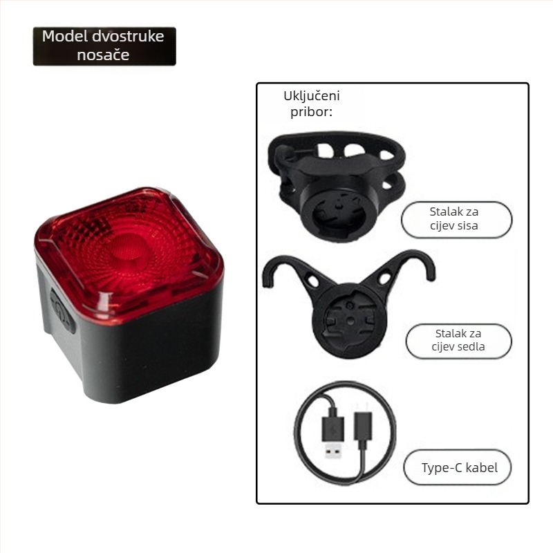 Stražnje svjetlo za bicikl s pametnim detekcijom kočenja, Type-C punjenje, za planinske i cestovne bicikle, svjetlo za noćnu vožnju uz upozorenje