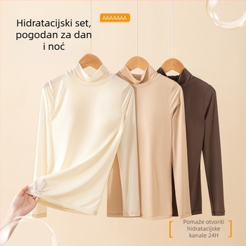 Ženski top od najlona s hijaluronskom kiselinom, visoka elastičnost, ugrađene čašice za grudnjak, polu-visoki ovratnik, tanko vlakno, dugi rukavi