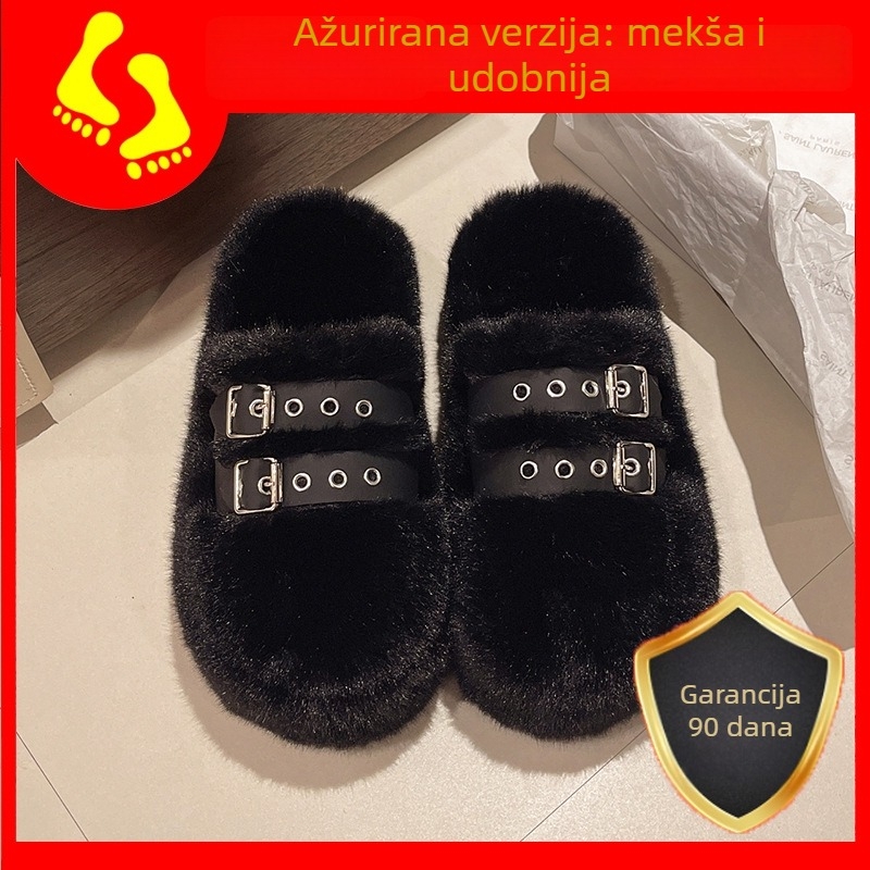 Ženske papuče s zatvorenim prstom i platformom, gumena potplat; gornji dio od umjetnog pliša, unutarnja podstava od umjetnog kratkog pliša; svakodnevna upotreba, protuklizna potplata, korejski stil, visina platforme 0–3 cm, zimska 2023