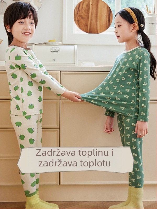 Dječji pamukasti termo komplet za zimu — za djecu 3–8 godina, 95% pamuka, okrugli ovratnik, uzorci: životinje, pruge, mreža, crtani likovi