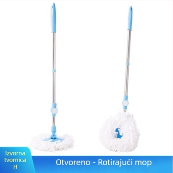 Spin mop s nehrđajućom šipkom; glava od mikrovlakna; metalni koš za iscijeđivanje; postotak iscijeđivanja 70-80%.